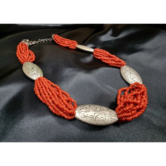 Vintage Faux Coral Bead Necklace With Engraved Silver-Tone Oval Accents & Adjust - Picture 1 of 4
